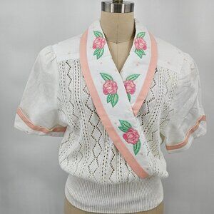 Vtg Deadstock Sideffects Pullover SS Sweater Womens M Roses V Neck White